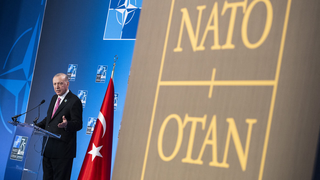 Turkish President Recep Tayyip Erdogan speaks during a press conference on the sidelines of the NATO 75th anniversary summit at the Walter E. Washington Convention Center in Washington, DC, July 11, 2024. (Photo by ROBERTO SCHMIDT / AFP) (Photo by ROBERTO SCHMIDT/AFP via Getty Images)