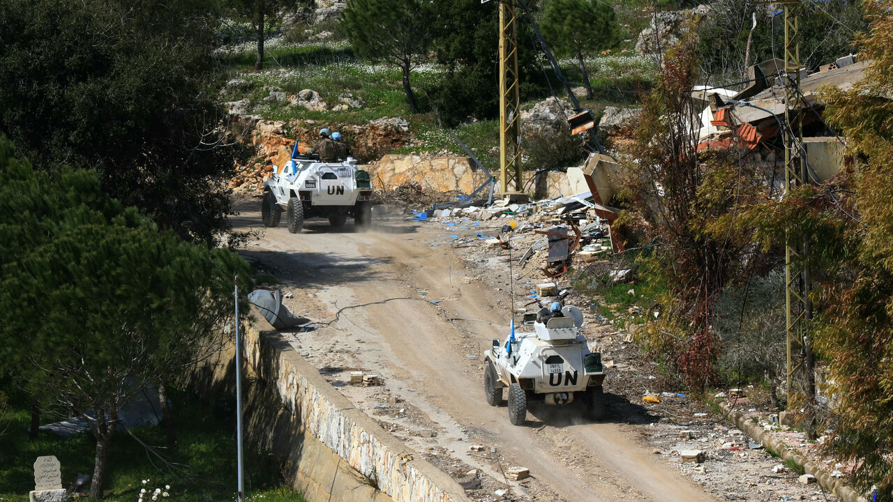 UNIFIL peacekeeping troops patrol the southern Lebanese village of Ramia near the southern border on March 5, 2025. Lebanese official media said two people were wounded on March 5 when Israeli drones attacked a vehicle in the south, a day after a deadly raid and despite a November 27 Israel-Hezbollah ceasefire. (Photo by Mahmoud ZAYYAT / AFP) (Photo by MAHMOUD ZAYYAT/AFP via Getty Images)