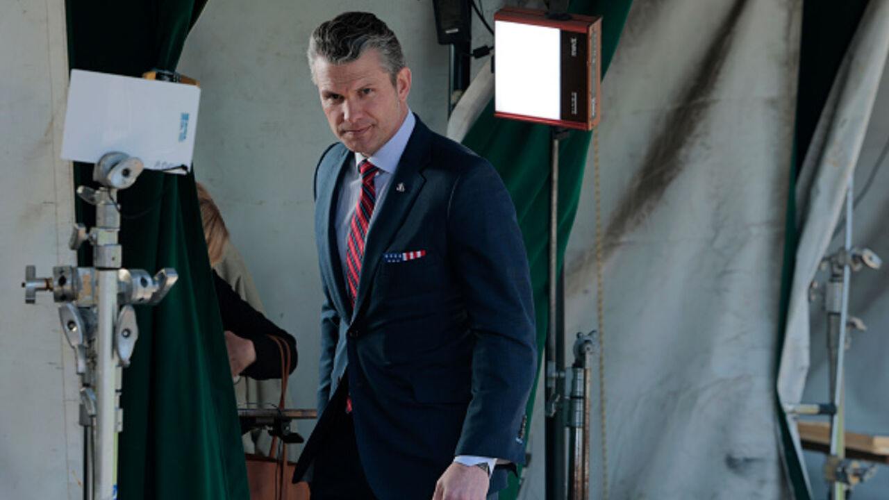 U.S. Secretary of Defense Pete Hegseth participates in a TV interview outside of the White House on March 21, 2025 in Washington, DC. Hegseth visited the White House to join U.S. President Donald Trump in announcing the Next Generation of Air Dominance (NGDA) program, the F-47, the sixth-generation high-tech Air Force fighter to succeed the F-22 Raptor. (Photo by Anna Moneymaker/Getty Images)