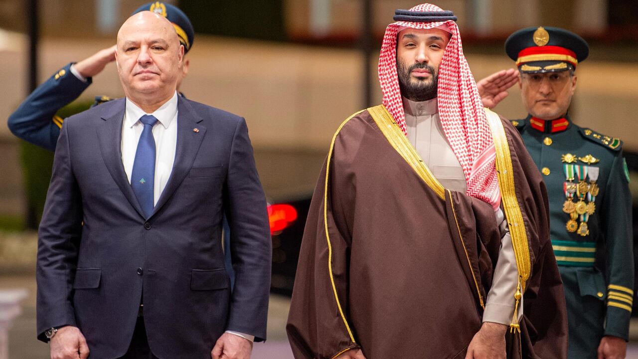 Lebanon's President Joseph Aoun (L) is welcomed by Saudi Arabia's Crown Prince Mohammed bin Salman (R) upon his arrival in at al-Yamamah Palace in Riyadh, on March 3, 2025.