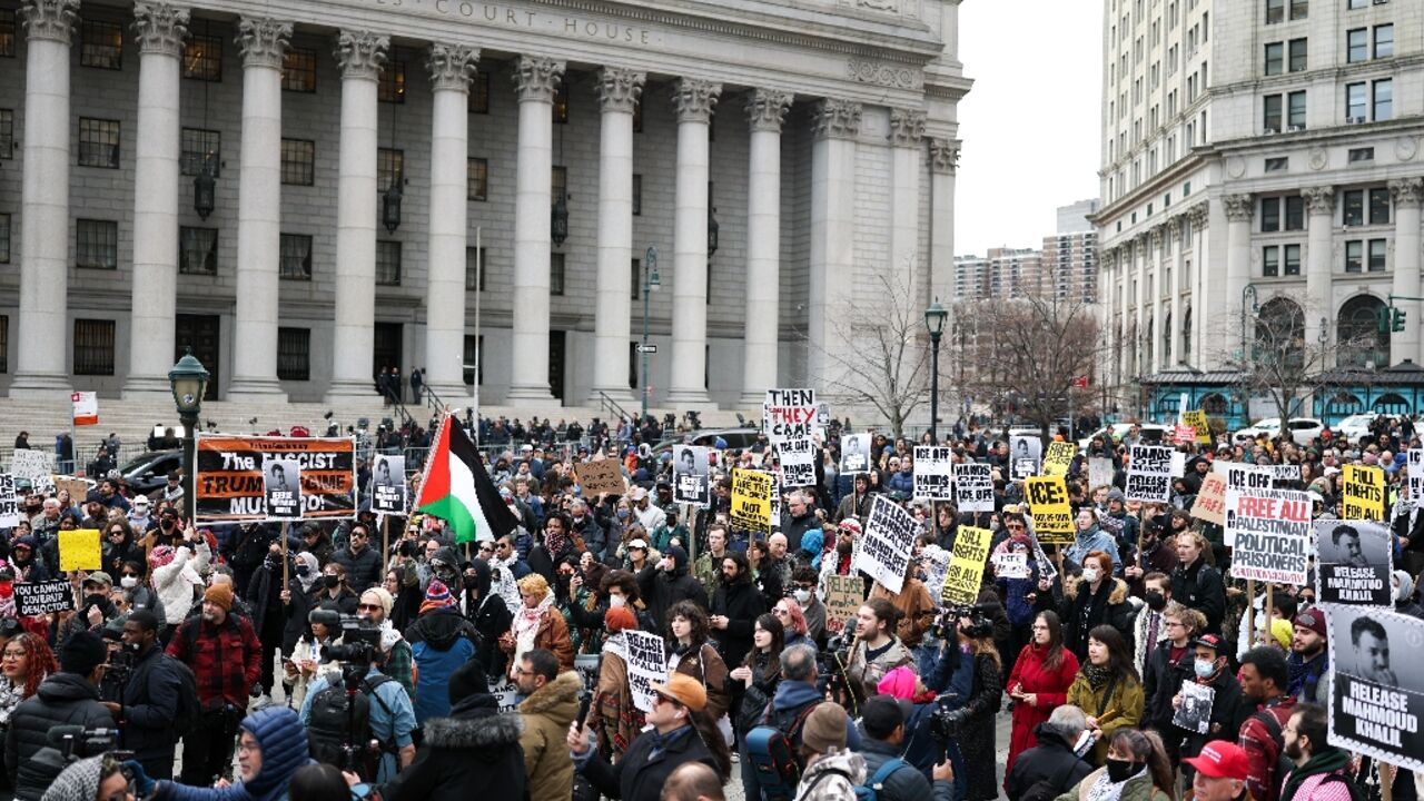 Protesters rally outside the New York courthouse where a preliminary hearing over Mahmoud Khalil's deportation was held Protesters rally outside the New York courthouse where a preliminary hearing over Mahmoud Khalil's deportation was held