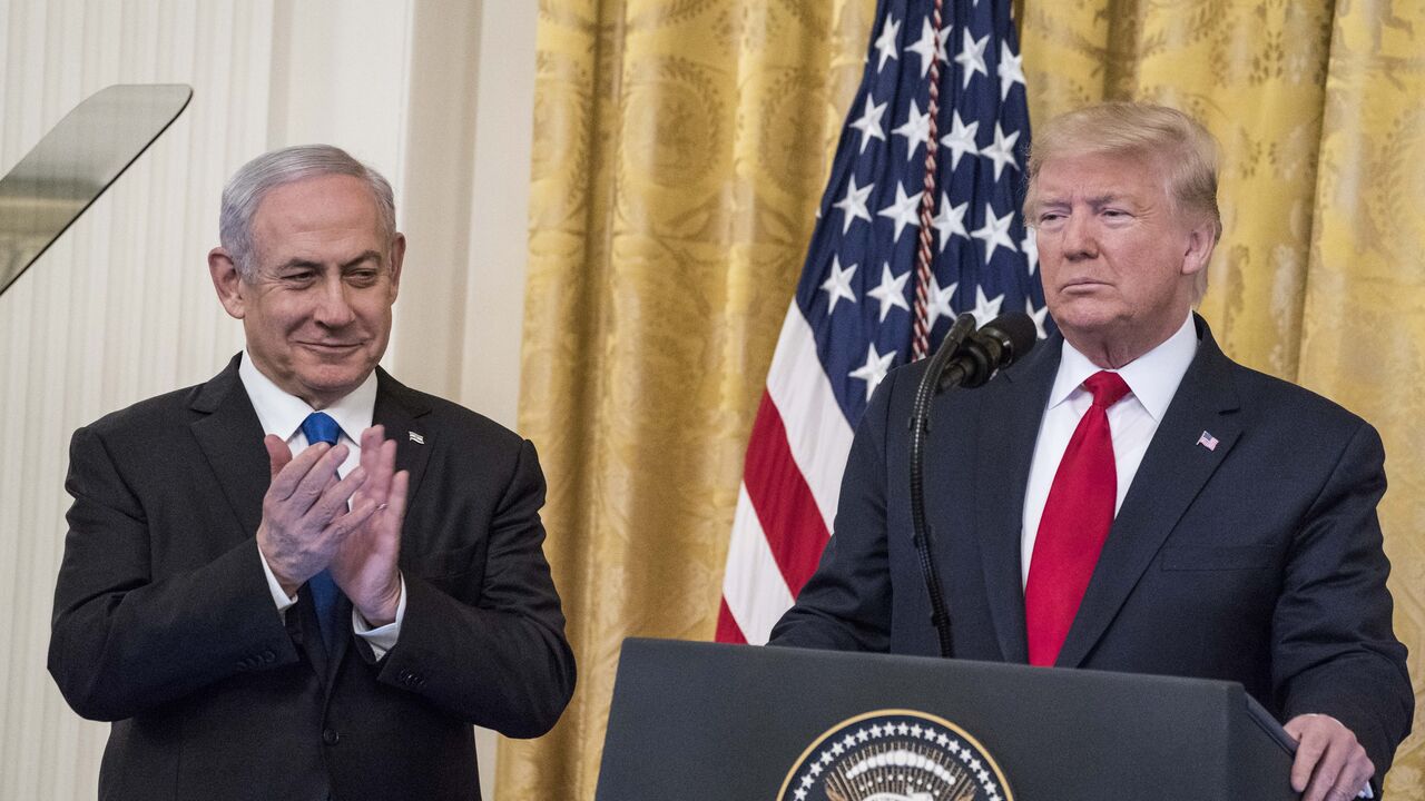 WASHINGTON, DC - JANUARY 28: U.S. President Donald Trump and Israeli Prime Minister Benjamin Netanyahu participate in a joint statement in the East Room of the White House on January 28, 2020 in Washington, DC. The news conference was held to announce the Trump administration's plan to resolve the Israeli-Palestinian conflict. (Photo by Sarah Silbiger/Getty Images)