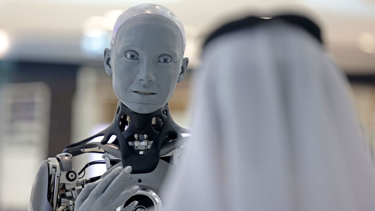The Ameca humanoid robot greets visitors at Dubai's Museum of the Future, UAE, Oct. 11, 2022. 