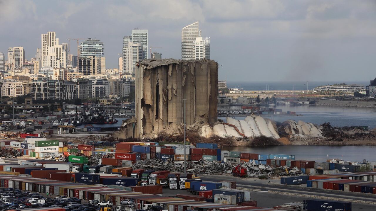 A general view shows the northern collapsed section of the silos in the Port of Beirut, on Aug. 23, 2022 in Beirut, Lebanon. 