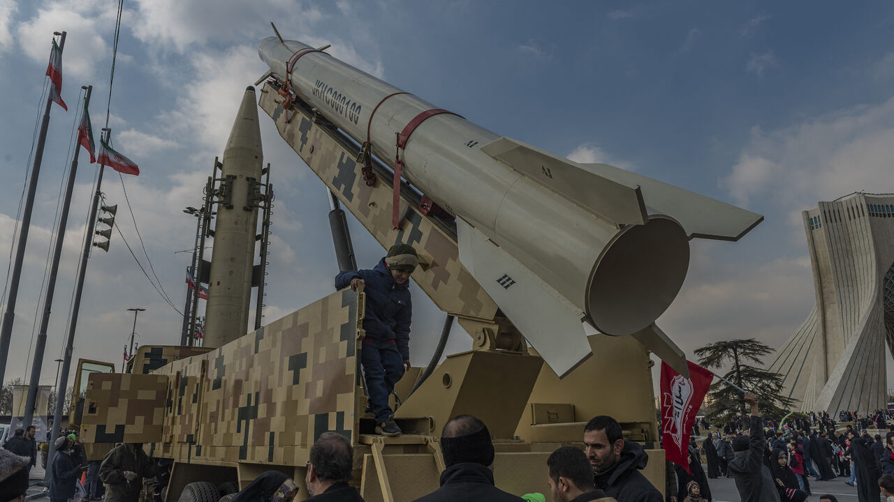 An Iran-made Kheibarshekan missile is exhibited during a rally that marks the 46th anniversary of Iran's 1979 Islamic Revolution in Tehran, Iran, on Feb. 10, 2025.