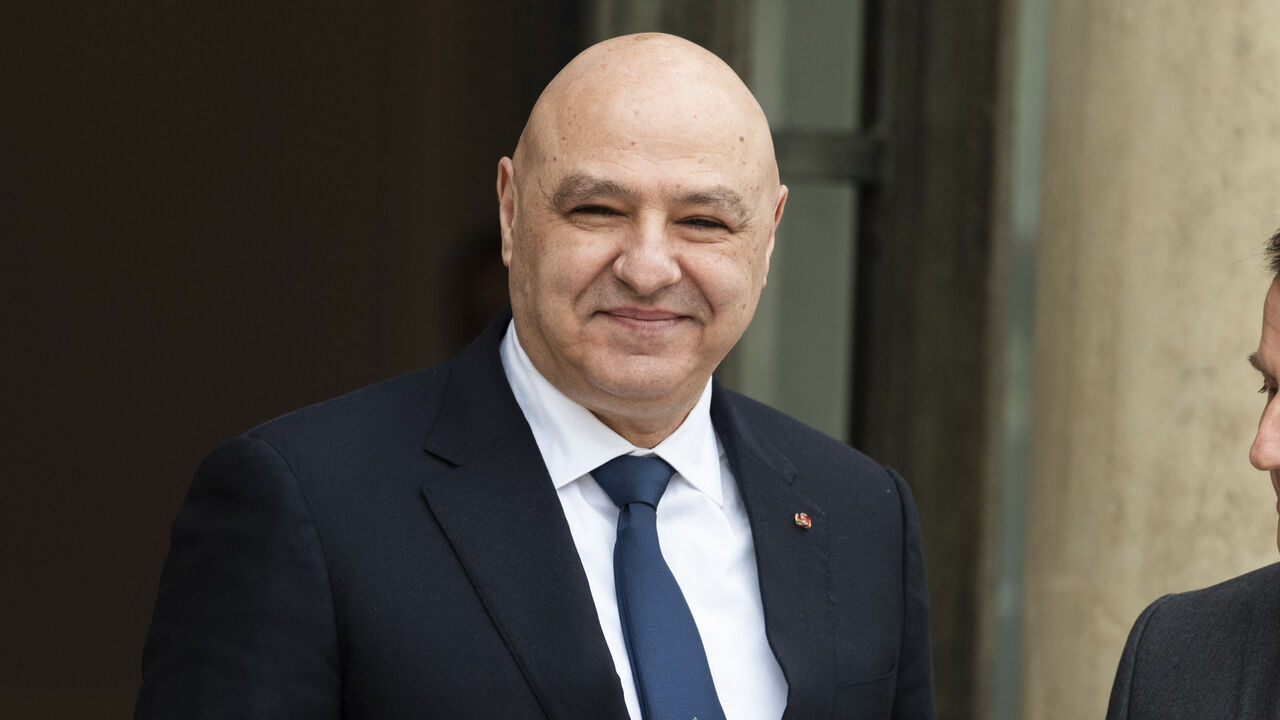 France s President Emmanuel Macron welcomes Lebanon s President Joseph Aoun during an official visit of the President of Lebanon, at the Elysee Presidential Palace in Paris on March 28, 2025. (Photo by Magali Cohen / Hans Lucas / Hans Lucas via AFP) (Photo by MAGALI COHEN/Hans Lucas/AFP via Getty Images)