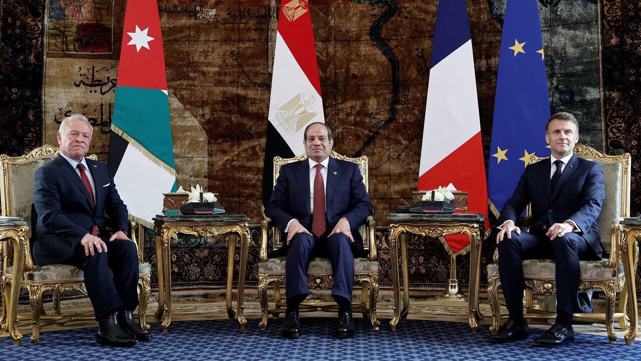 Jordan's King Abdullah II, Egypt's President Abdel Fattah al-Sisi, and French President Emmanuel Macron sit together during their trilateral summit to discuss the situation in Gaza at the Presidential Palace in Cairo on April 7, 2025.