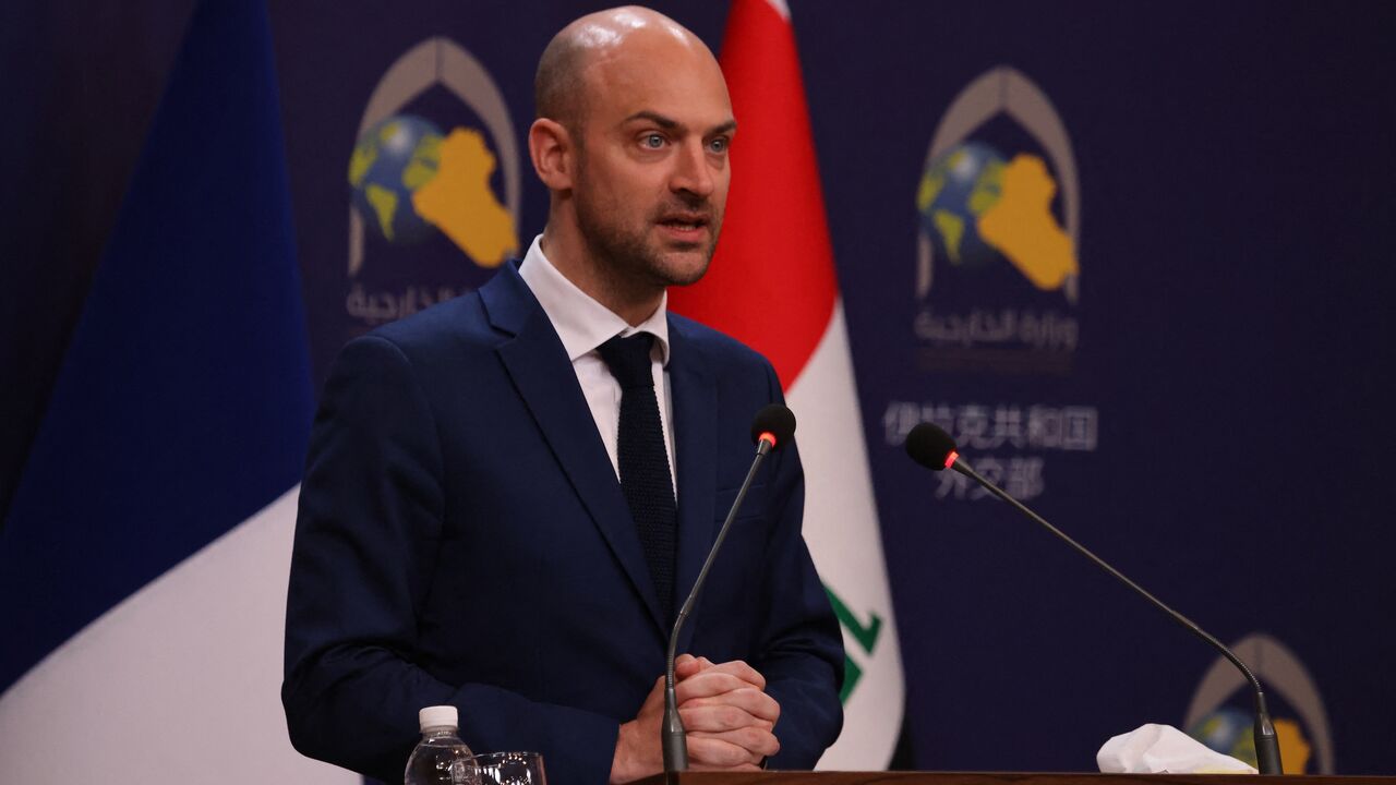 French Foreign Minister Jean-Noel Barrot attends a press conference in Baghdad, April 23, 2025.