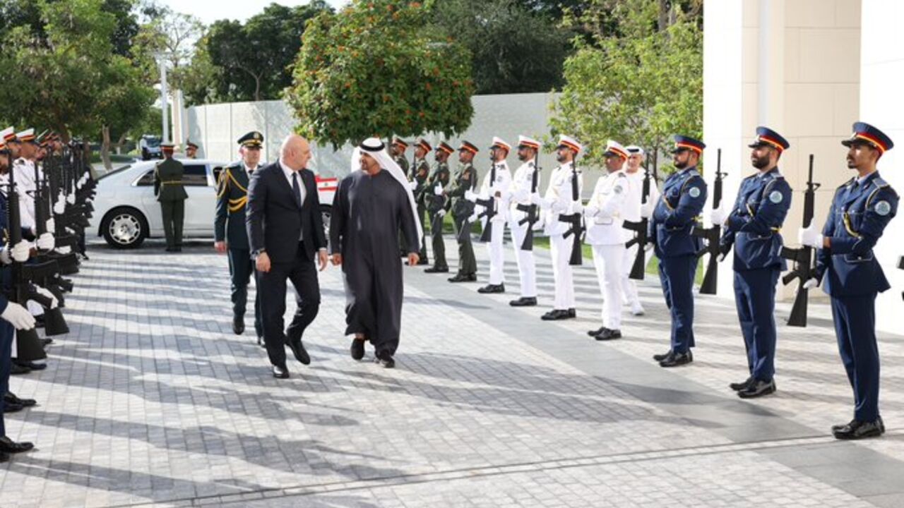 Lebanon’s president, Joseph Aoun, with United Arab Emirates President Sheikh Mohammed bin Zayed Al-Nahyan in Abu Dhabi, April 20, 2025.