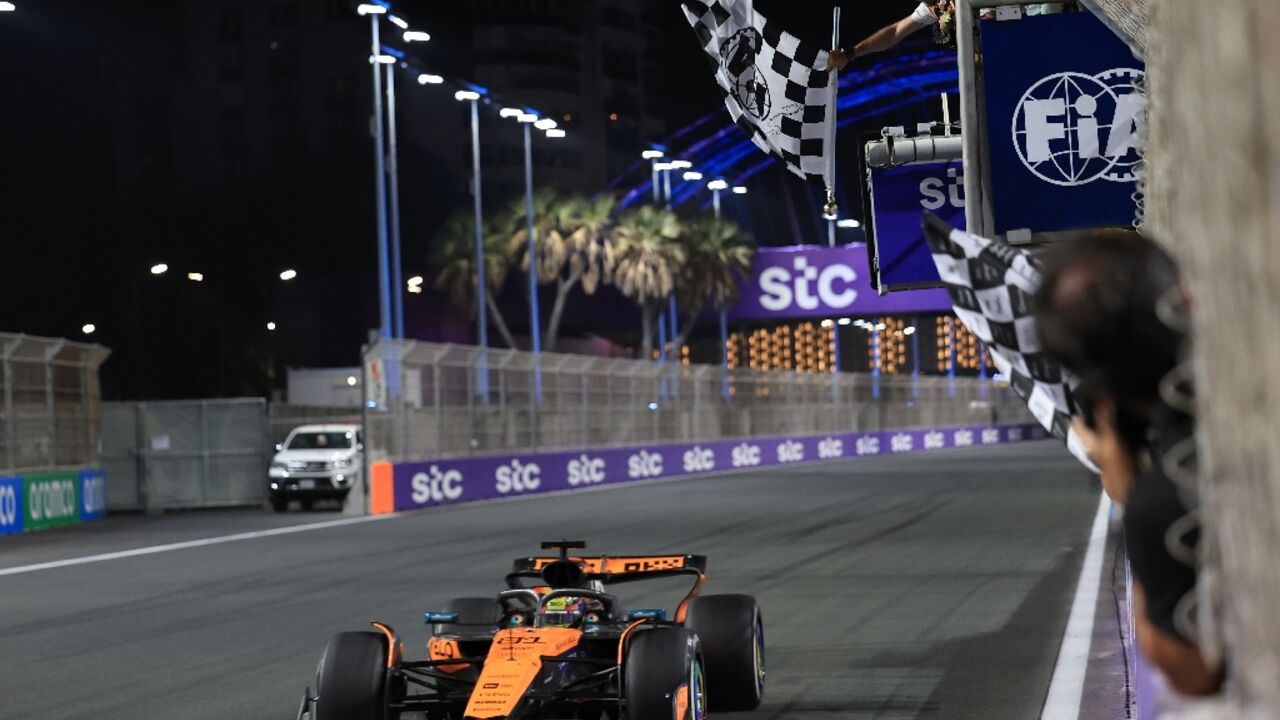 McLaren's Oscar Piastri takes the chequered flag to win the Saudi Arabia Grand Prix McLaren's Oscar Piastri takes the chequered flag to win the Saudi Arabia Grand Prix