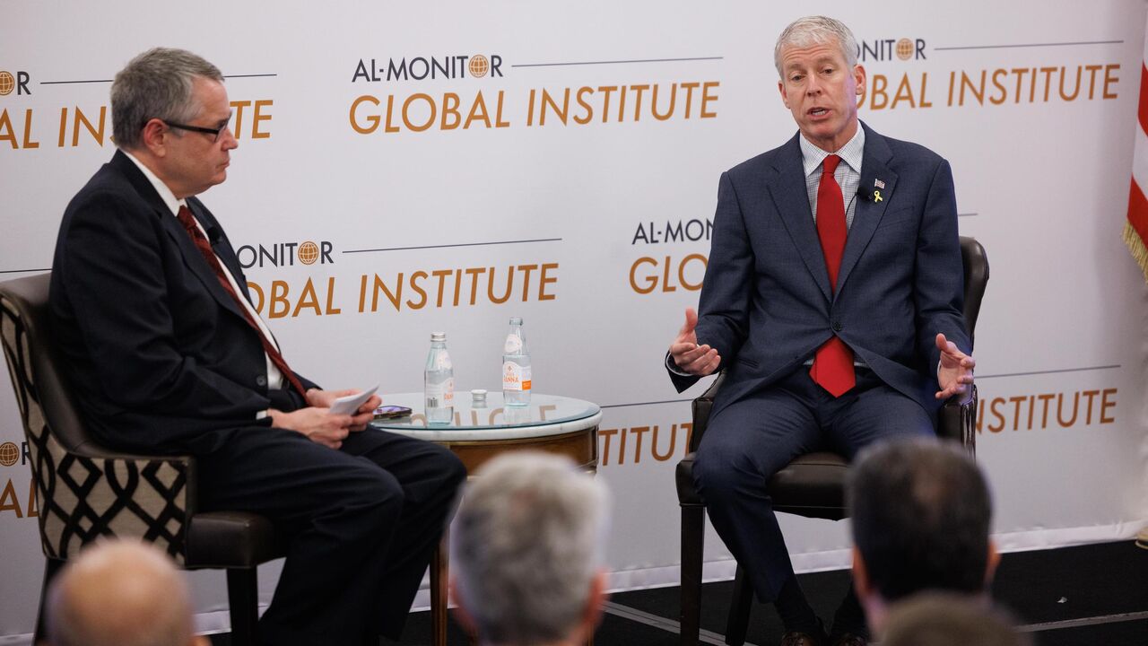 US Energy Secretary Chris Wright speaks with Al-Monitor president Andrew Parasiliti at an Al-Monitor Global Institute event in Washington, DC, May 22, 2025.