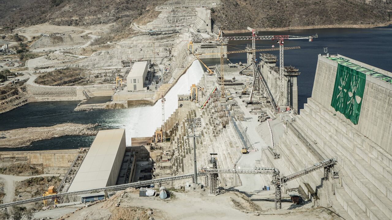 This general view shows the Grand Ethiopian Renaissance Dam (GERD) in Guba, Ethiopia, on Feb. 19, 2022.