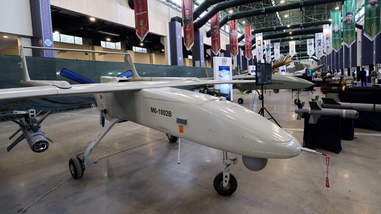 The "Mohajer 6" drone is displayed during Iran's defense industry achievements exhibition, on Aug. 23, 2023 in Tehran.