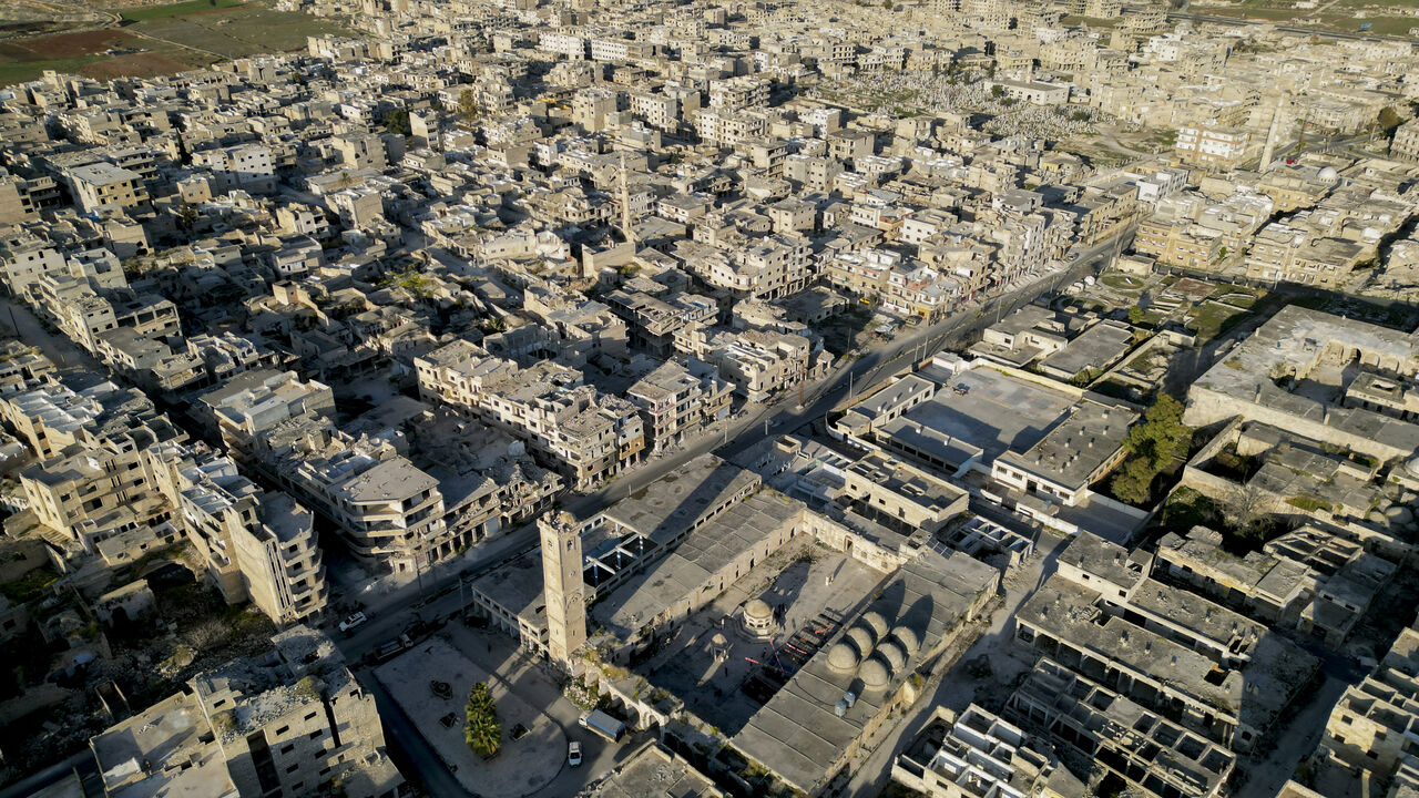Aerial view of the amount of destruction left in the Maarat al-Numan neighborhood after the end of the Syrian civil war in Idlib, Syria, on March 13, 2025. Located between the three major cities of Aleppo, Hama, and Damascus, the city of Idlib is a historically and strategically important city that went through years of destruction in the course of the Syrian civil war. (Photo by Omar Albaw / Middle East Images / Middle East Images via AFP) (Photo by OMAR ALBAW/Middle East Images/AFP via Getty Images)