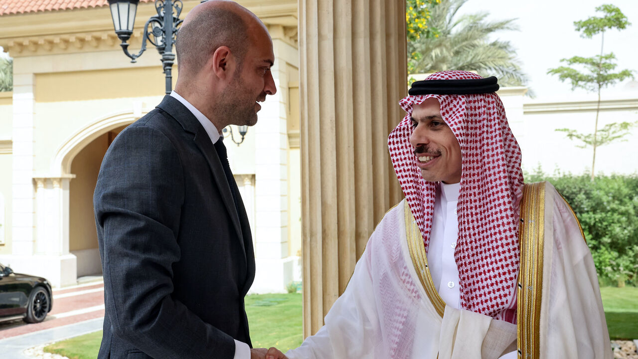Saudi Arabia's Foreign Minister Prince Faisal bin Farhan al-Saud (R) receives his French counterpart Jean-Noel Barrot, prior to their meeting in Riyadh on April 25, 2025.