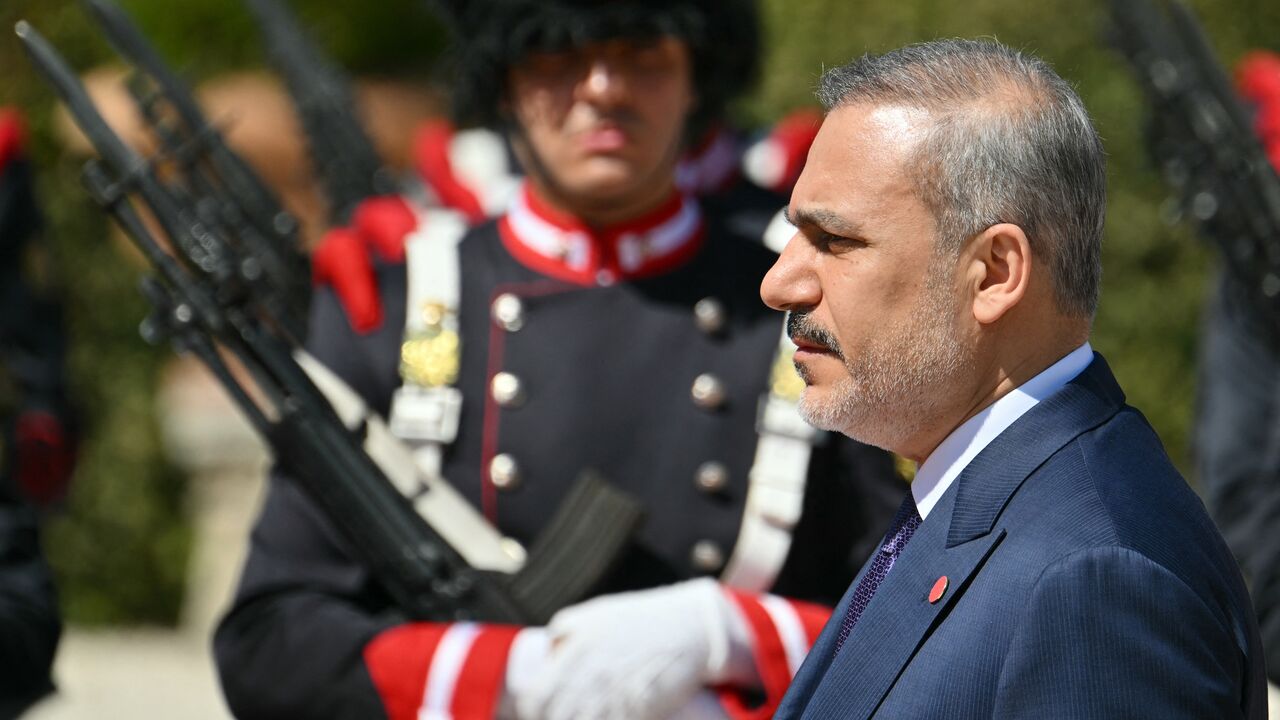 Turkish Minister of Foreign Affairs Hakan Fidan arrives during Turkey's president's visit at the Villa Doria Pamphili in Rome on April 29, 2025.