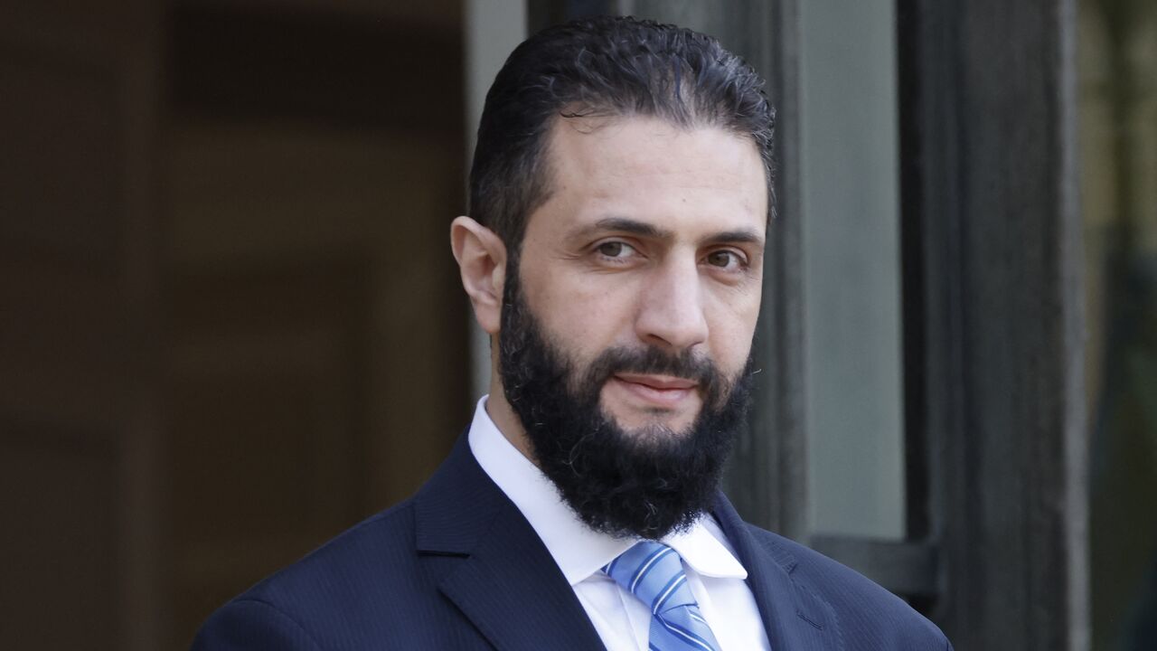 Syrian interim President Ahmed al-Sharaa upon arriving for a meeting at the Elysee presidential palace, Paris, May 7, 2025.