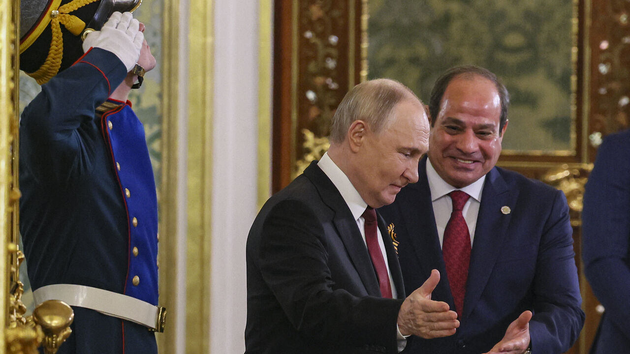 Russian President Vladimir Putin meets with Egyptian President Abdel Fattah El-Sisi at the Kremlin in Moscow on May 9, 2025. (Photo by YURI KOCHETKOV / POOL / AFP) (Photo by YURI KOCHETKOV/POOL/AFP via Getty Images)