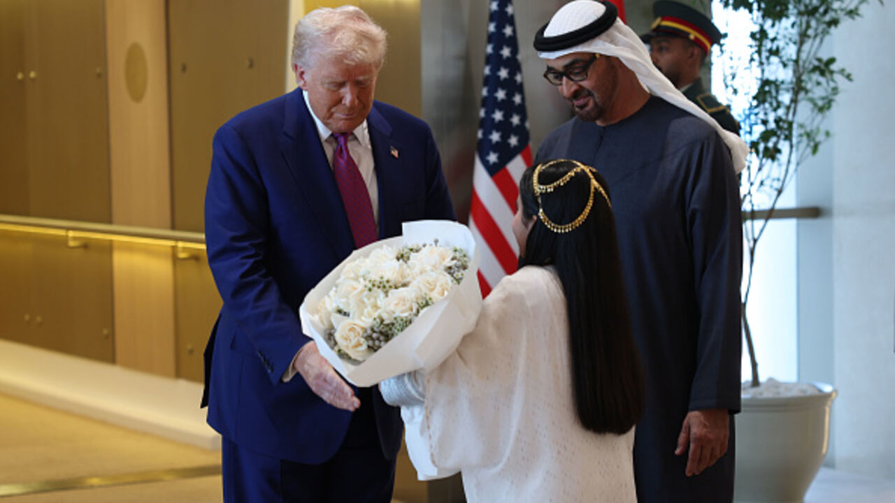 ABU DHABI, UNITED ARAB EMIRATES - MAY 15: U.S. President Donald J. Trump is greeted by UAE President Sheikh Mohamed bin Zayed Al Nahyan upon his arrival on May 15, 2025 in Abu Dhabi, United Arab Emirates. Trump is on the third day of his visit to the Gulf to underscore the strategic partnership between the United States and regional allies including the UAE, focusing on security and economic collaboration. (Photo by Win McNamee/Getty Images)
