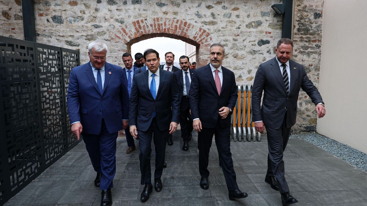 Turkish Foreign Minister Hakan Fidan (2R), US Secretary of State Marco Rubio (2L) and Head of the Office of the President of Ukraine Andrii Yermak (R) attend the Turkiye-US-Ukraine Trilateral meeting as Ukrainian, American and Russian delegates meet for peace talks at the office of Turkish President in Dolmabahce Palace on May 16, 2025 in Istanbul, Turkey.