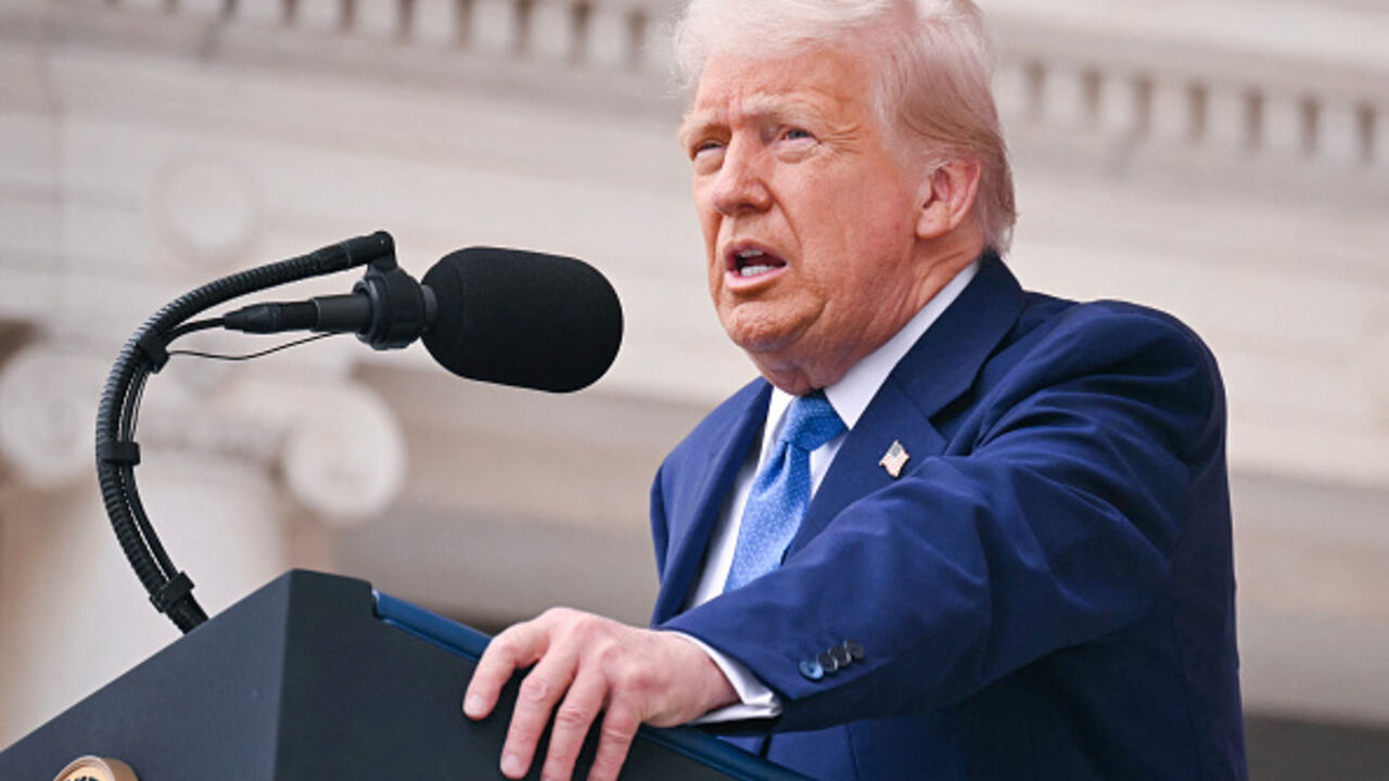 US President Donald Trump delivers remarks at the Memorial Amphitheatre in Arlington National Cemetery in Arlington, Virginia, on May 26, 2025. (SAUL LOEB/AFP via Getty Images)