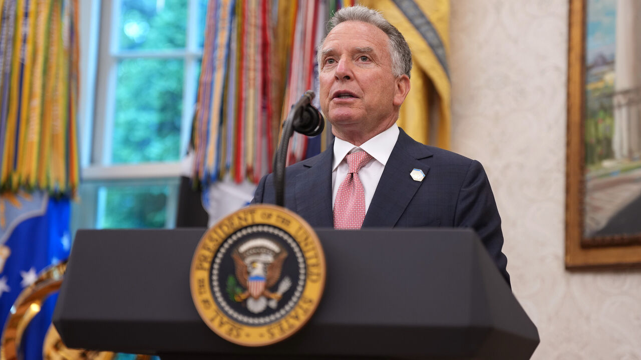 US Special Envoy to the Middle East Steve Witkoff delivers remarks during the swearing in ceremony for interim US Attorney for Washington, Jeanine Pirro, in the Oval Office of the White House on May 28, 2025 in Washington.