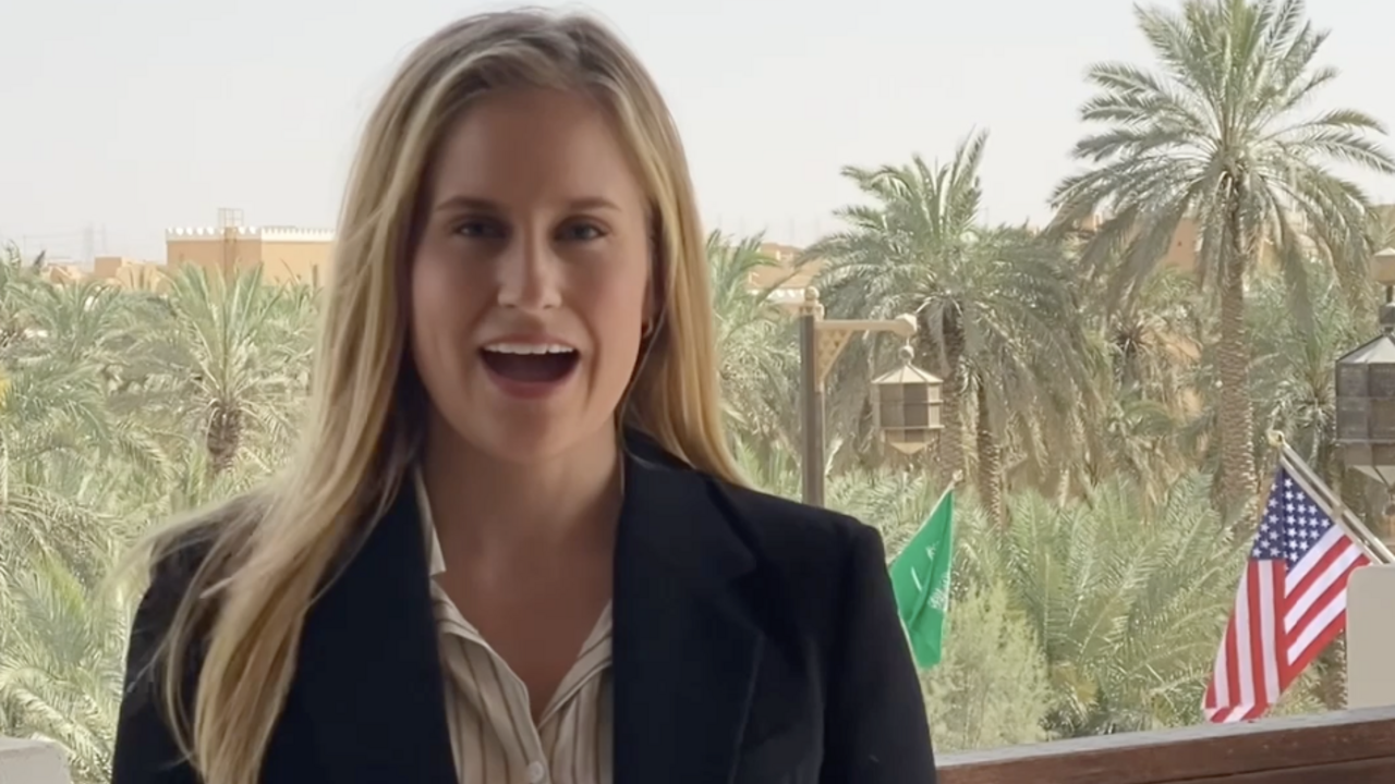 Al-Monitor's State Department Correspondent Elizabeth Hagedorn stands on a balcony in Riyadh, Saudi Arabia reporting on President Trump's trip to the Gulf.