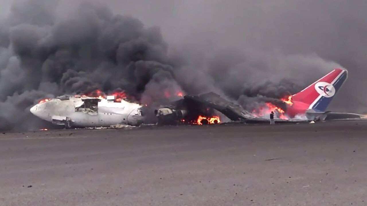 This picture released by Huthi media shows an airliner on fire in Yemen's rebel-held capital Sanaa following an Israeli strike on the airport Tuesday.
This picture released by Huthi media shows an airliner on fire in Yemen's rebel-held capital Sanaa following an Israeli strike on the airport Tuesday.