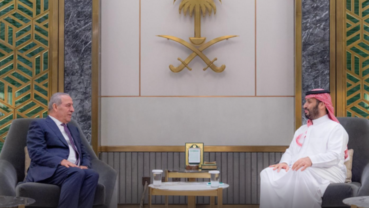 Palestine Vice President Hussein Sheikh meets Saudi Crown Prince Mohammed bin Salman in Jeddah on May 8, 2025.