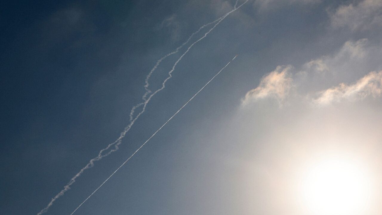 Rocket trails are seen in the sky above the Israeli coastal city of Netanya amid a fresh barrage of Iranian missile attacks Rocket trails are seen in the sky above the Israeli coastal city of Netanya amid a fresh barrage of Iranian missile attacks