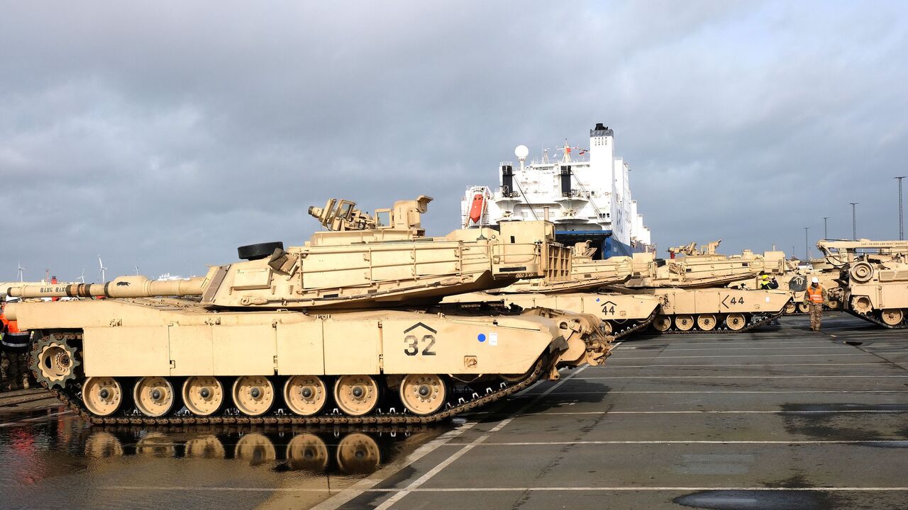 A picture taken on Feb. 21, 2020 shows M1 Abrams Fighting tanks of the 2nd Brigade Combat Team, 3rd Infantry Division, as US military equipment arrives to the Port of Bremerhaven the United States for the Defender 2020 international military exercises.