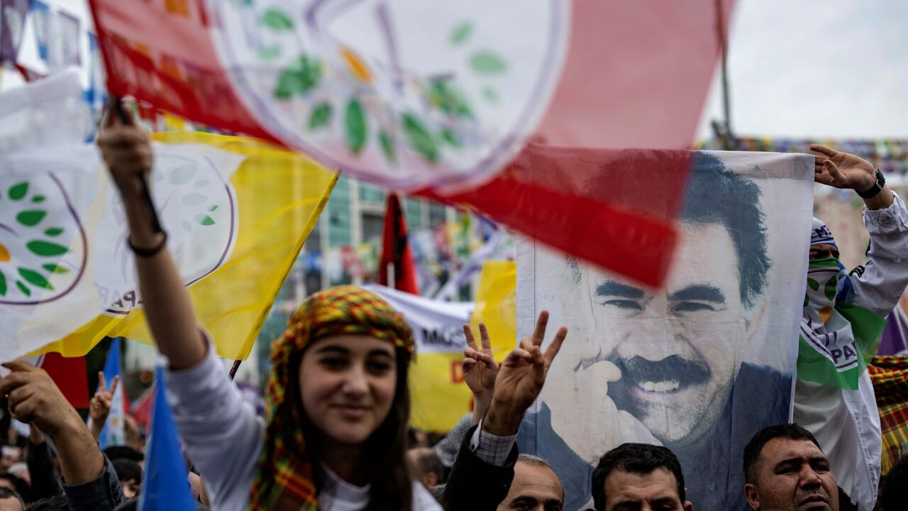 Supporters of the pro-Kurdish Peoples' DEM Party attend a rally for the Turkish Municipal elections to be held on March 31, in Esenyurt Square in Istanbul, on Feb. 25, 2024. 