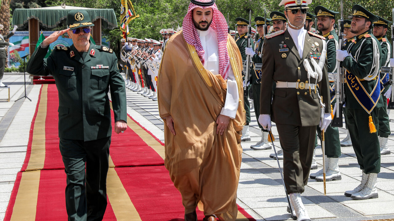 This handout photo made available by the Iranian Army Office on April 17, 2025 shows Iran's Armed Forces Chief of Staff Major-General Mohammed Bagheri (L) receiving Saudi Arabia's Defence Minister Prince Khalid bin Salman (C) in Tehran on April 17, 2025. During his first term, US President Donald Trump attempted to forge an alliance between Israel and the Gulf Arab states against Iran. But in 2023 Tehran and Riyadh restored ties in a Chinese-brokered rapprochement, while the outbreak of the Gaza war later t