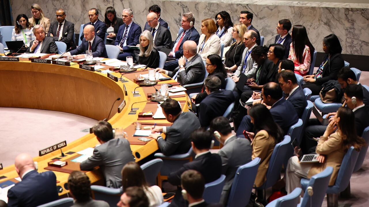Members of the United Nations Security Council listen as Jean-Noel Barrot, minister for Europe and Foreign Affairs of France, speaks during a meeting on the conflict in the Middle East on April 29, 2025.