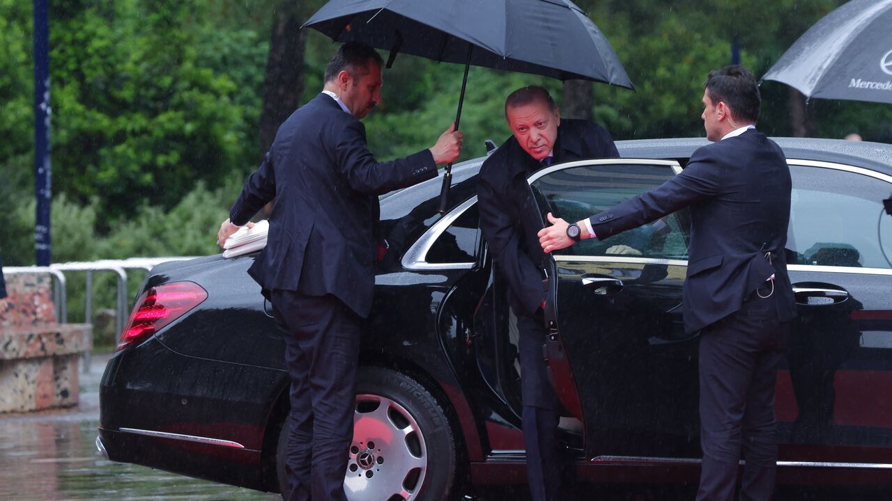 Turkish President Recep Tayyip Erdogan arrives at the 6th European Political Community summit on May 16, 2025, at Skanderbeg Square in Tirana, Albania.