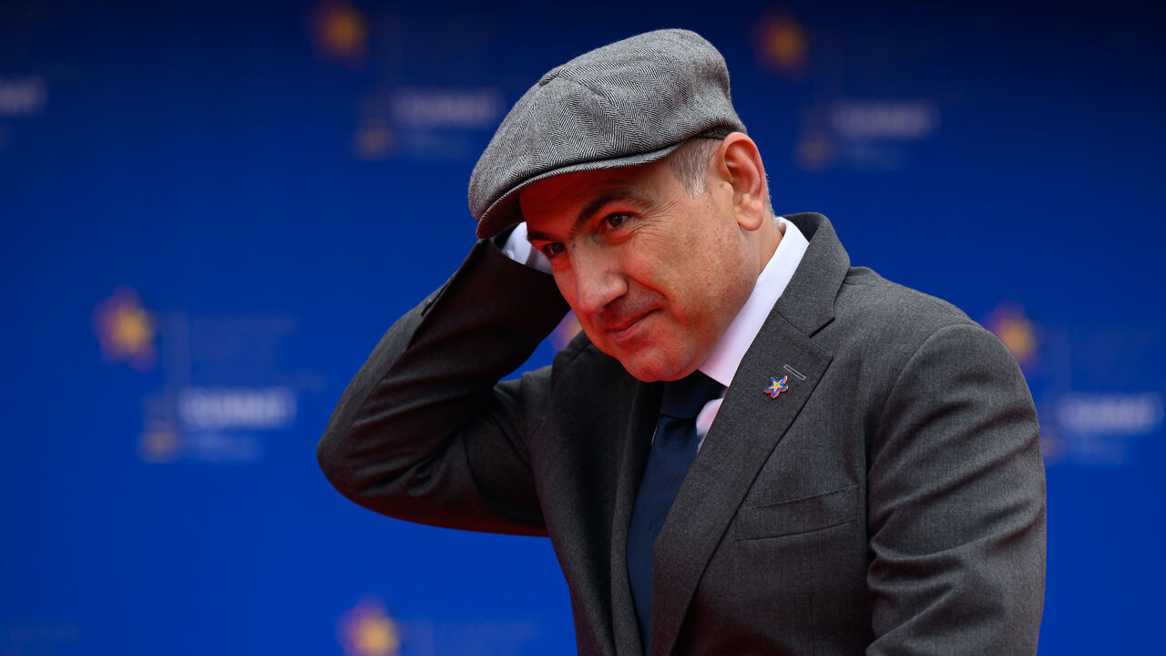 Armenian Prime Minister Nikol Pashinyan arrives at the 6th European Political Community summit on May 16, 2025 at Skanderbeg Square in Tirana, Albania.