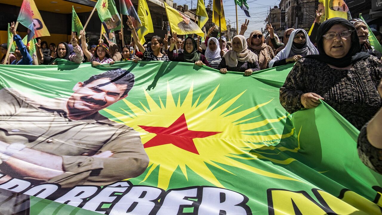 Kurdish Syrians demonstrate in the Syrian eastern city of Qamishli to demand the release of the jailed founder of the Kurdistan Workers Party, Abdullah Ocalan, in Turkey, on May 29, 2025.