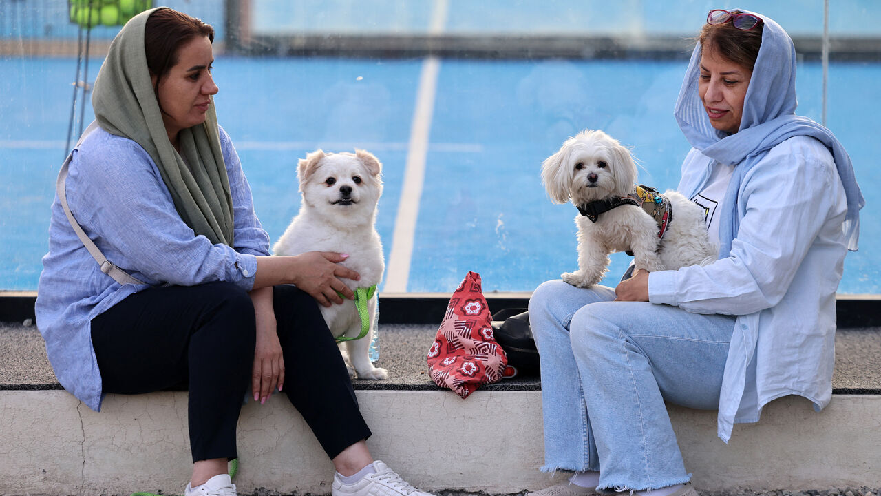 Iranians sit with their dogs in a park in Tehran on June 8, 2025. Iranian authorities have expanded a ban on walking dogs in public to multiple cities nationwide, citing public health, social order and safety concerns, domestic media reported on June 8. Owning and walking dogs has been a contentious topic since the 1979 Islamic revolution in Iran, though there is no law outrightly banning dog ownership. (Photo by ATTA KENARE / AFP) (Photo by ATTA KENARE/AFP via Getty Images)