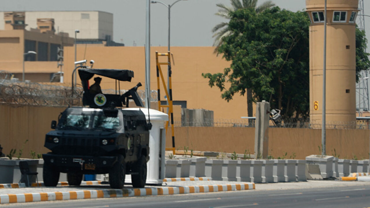 Armored vehicles of the Iraqi Counter Terrorism Forces are deployed outside the US embassy building in Baghdad's Green Zone on June 12, 2025. (AFP via Getty Images)