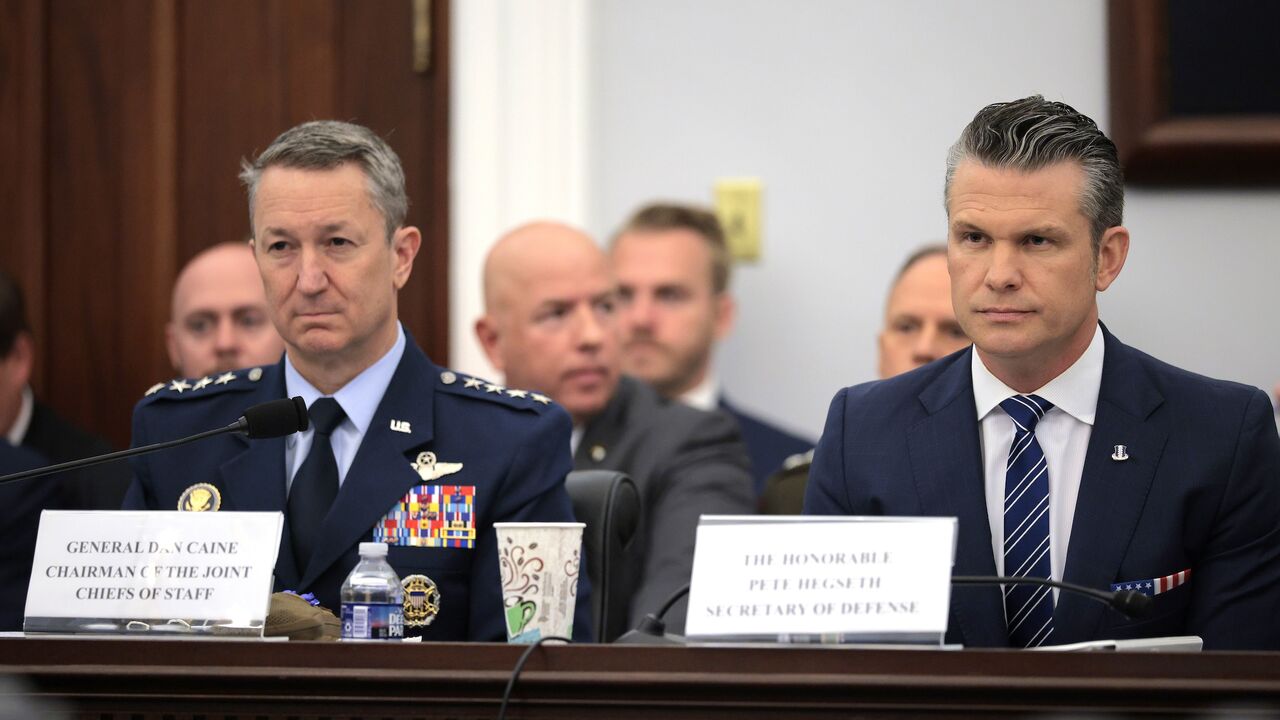 US Defense Secretary Pete Hegseth (R) and Chairman of the Joint Chiefs of Staff Air Force Gen. Dan Caine testify before the House Appropriations Committee's Defense Subcommittee at the US Capitol, on June 10, 2025, in Washington.