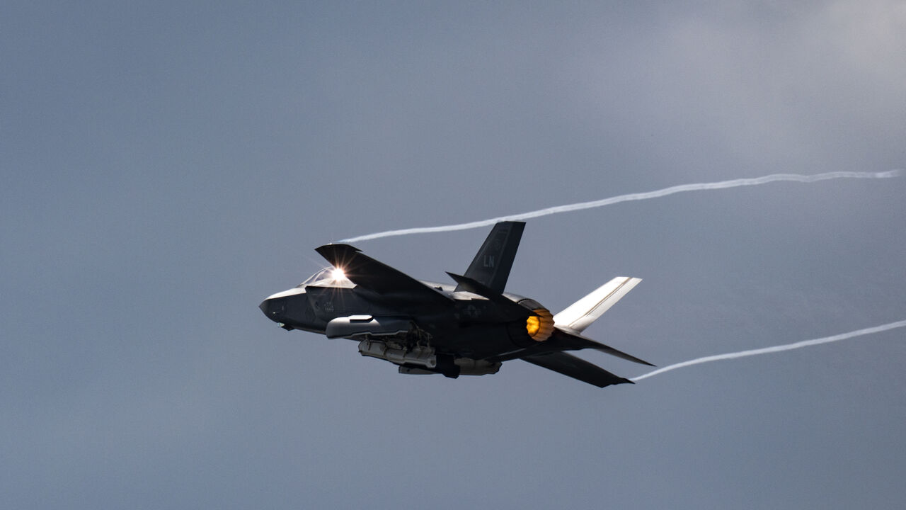 US Air Force F-35A performs during an exhibition flight demonstration as part of the 55th edition of the International Paris Air Show (Salon international de l'aeronautique et de l'espace - SIAE) at the ParisLe Bourget Airport, in Le Bourget, north of Paris on June 19, 2025. (Photo by Roy ISSA / AFP) (Photo by ROY ISSA/AFP via Getty Images)