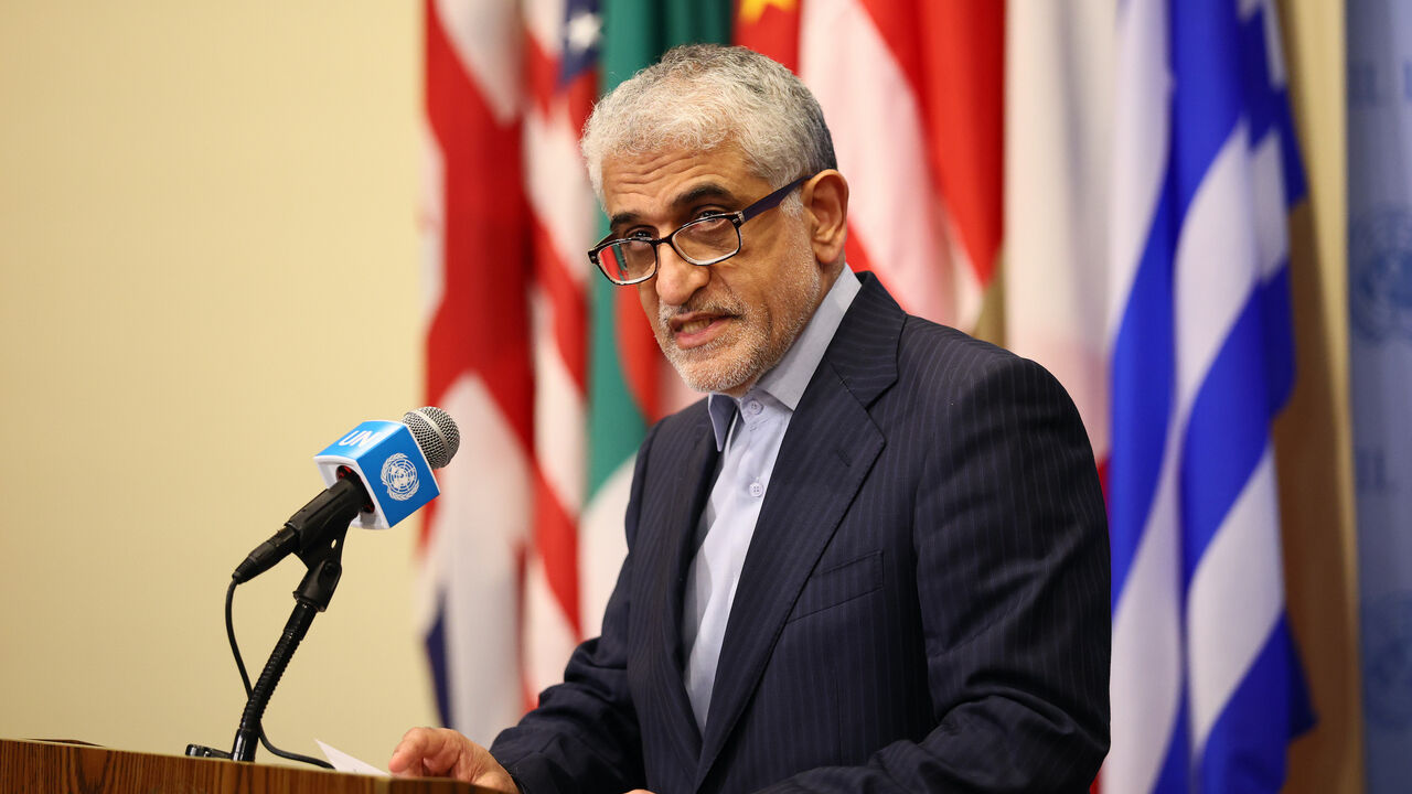 Ambassador Amir Saeid Iravani, Permanent Representative of Iran to the UN, speaks during a press conference at the United Nations headquarters on June 16, 2025 in New York City.