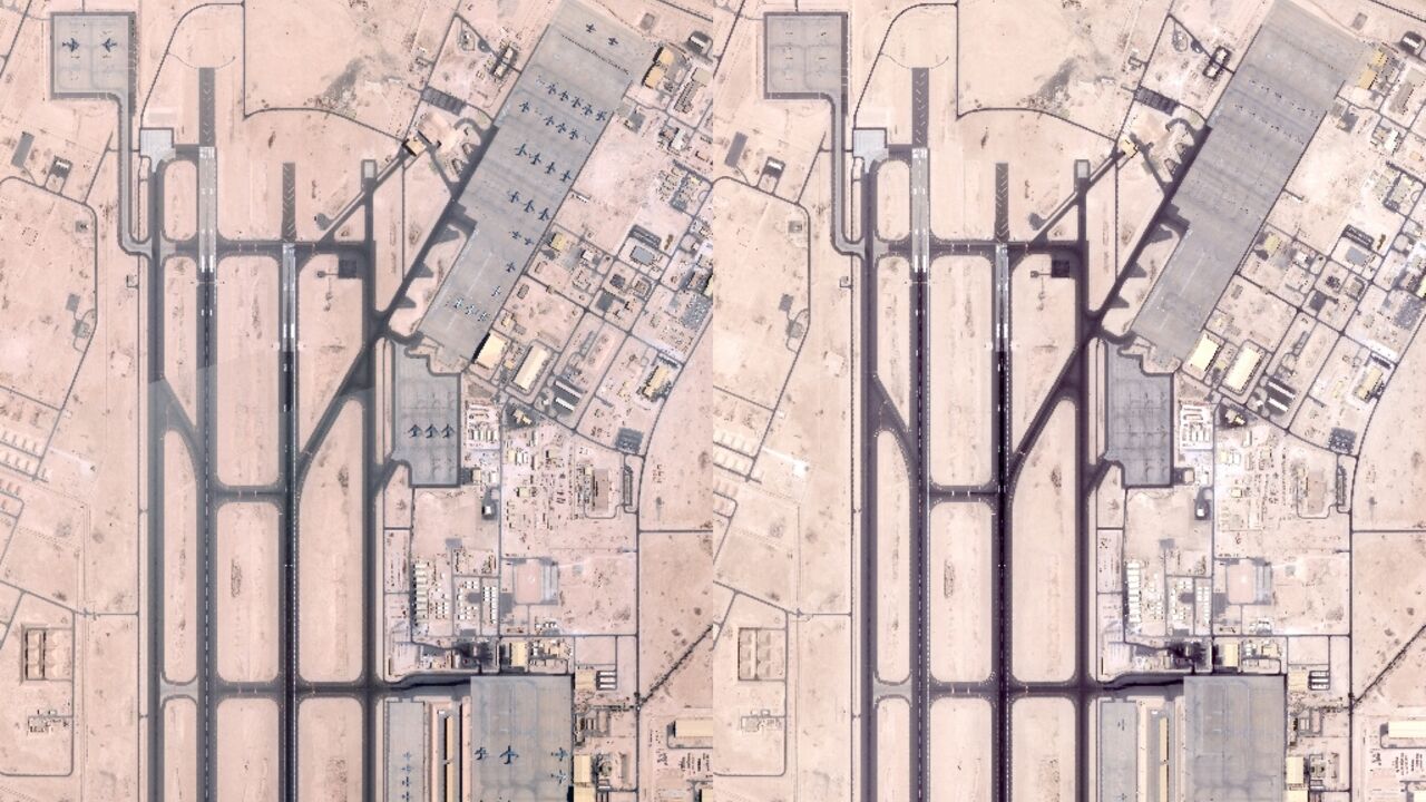 Satellite images of the Al Udeid US military base in Qatar on June 5 (L) and June 19 (R), 2025 