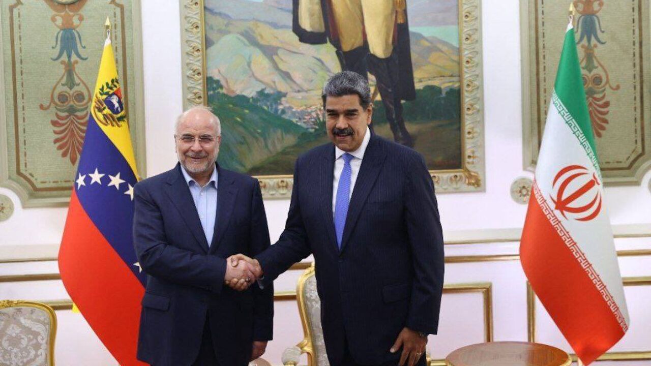 Iran's Parliament Speaker Mohammad Bagher Ghalibaf meets with Venezuelan President Nicolas Maduro in Caracas on June 2, 2025.