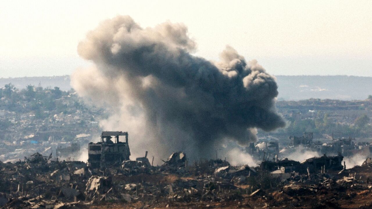 Smoke billows from an Israeli strike on Gaza on Thursday. 66 people were killed in attacks across the Palestinian territory, according to its civil defence agency Smoke billows from an Israeli strike on Gaza on Thursday. 66 people were killed in attacks across the Palestinian territory, according to its civil defence agency
