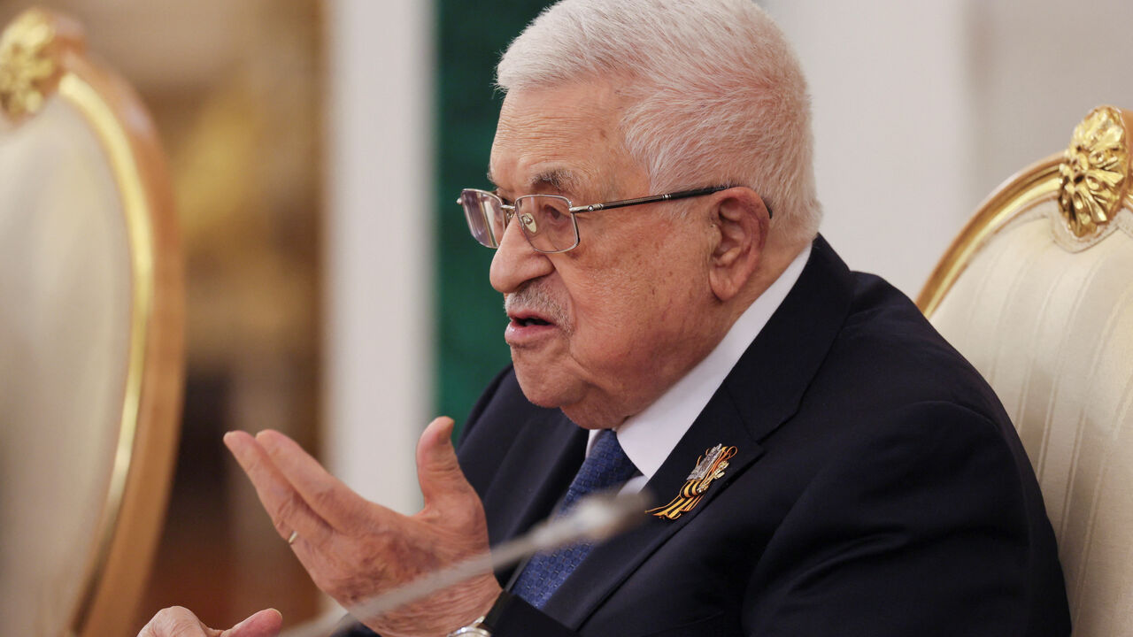 FILE PHOTO: Palestinian President Mahmoud Abbas gestures speaking with Russian President Vladimir Putin (not pictured) as they meet at the Kremlin, in this file photo, in Moscow, Russia, 10 May 2025. Yuri Kochetkov/Pool via REUTERS/File Photo