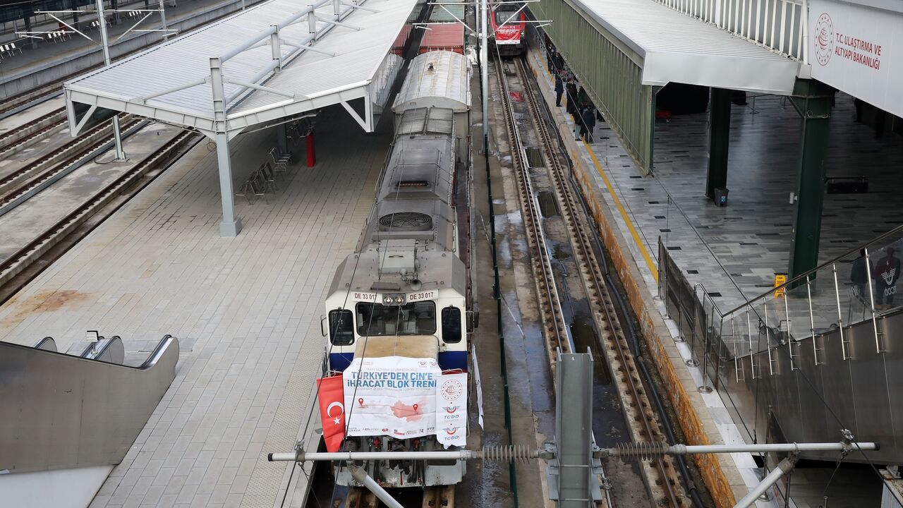 An export train to Russia and China leaves the Ankara station, on Jan. 29, 2021.