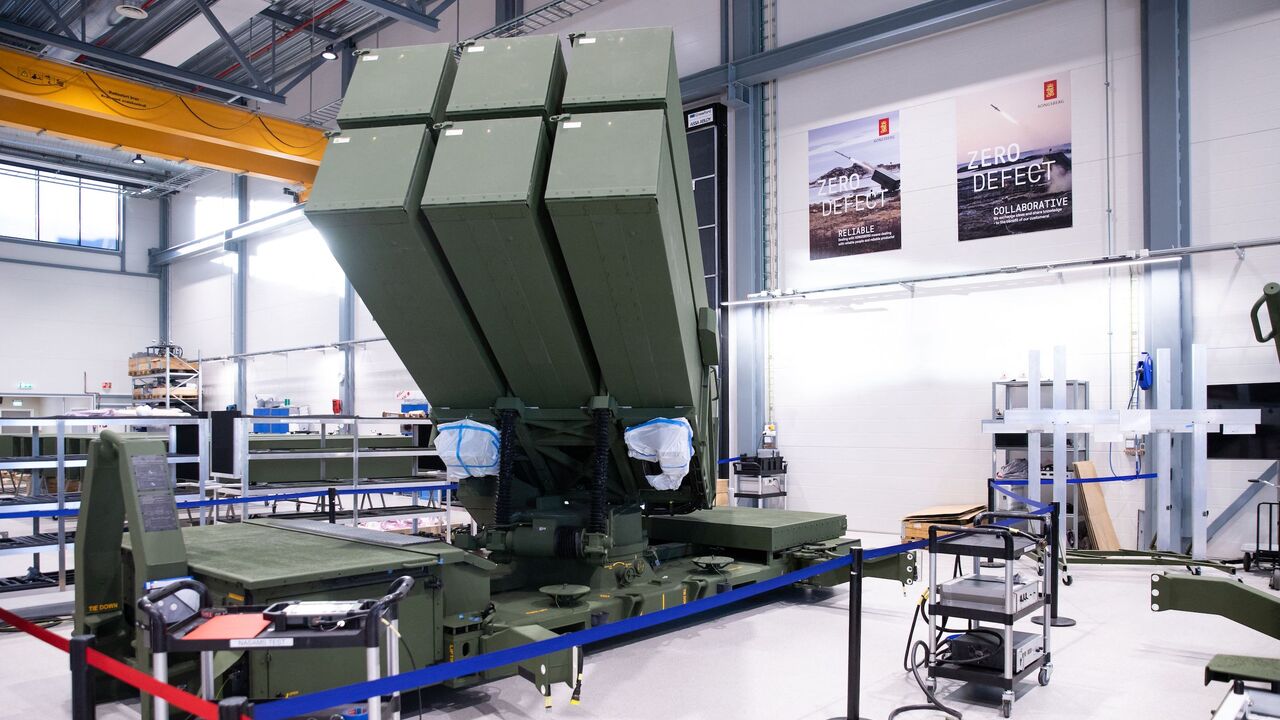 A NASAMS surface-to-air missile launcher is seen in production at the assembly line of the Kongsberg Defence & Aerospace weapons factory in Kongsberg, Norway on Jan. 30, 2023.