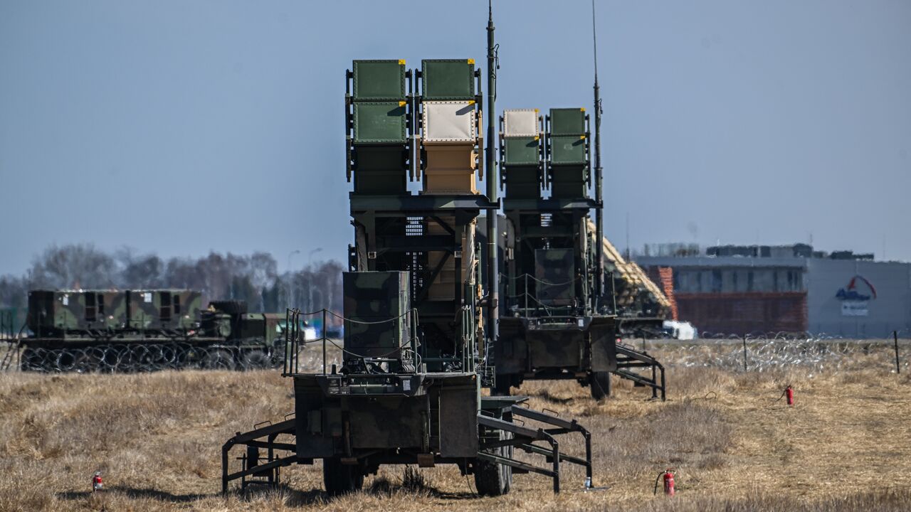 A US Army MIM-104 Patriot anti-missile defense launcher stands ahead of the arrival of former US President Joe Biden at Rzeszow Airport on March 25, 2022, in Rzeszow, Poland.