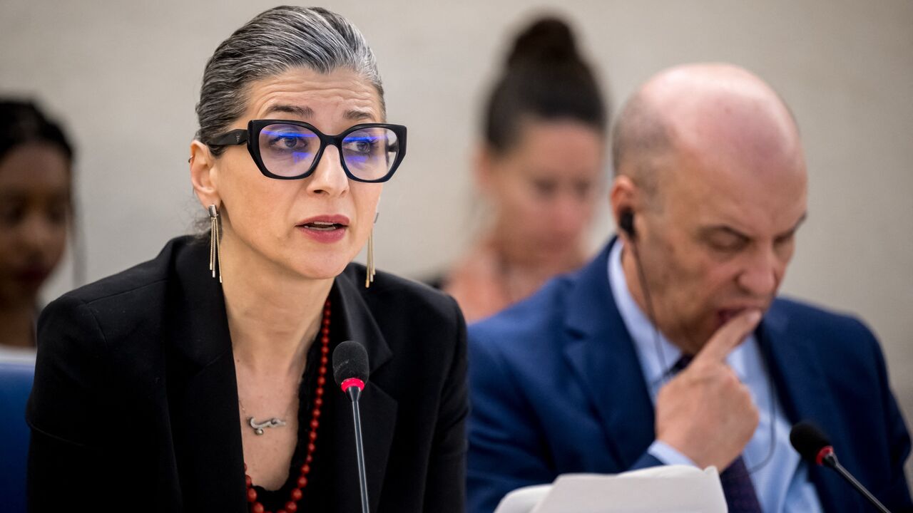 United Nations (UN) Special Rapporteur on the Rights Situation in the Palestinian Territories Francesca Albanese (L).